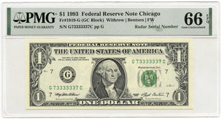 1993 $1 Federal Reserve Note PMG 66 EPQ Radar Serial Chicago Illinois - C257