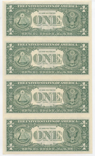 1985 $1 One Dollar Federal Reserve Uncut Sheet Of 4 U.S Currency Notes - SR887