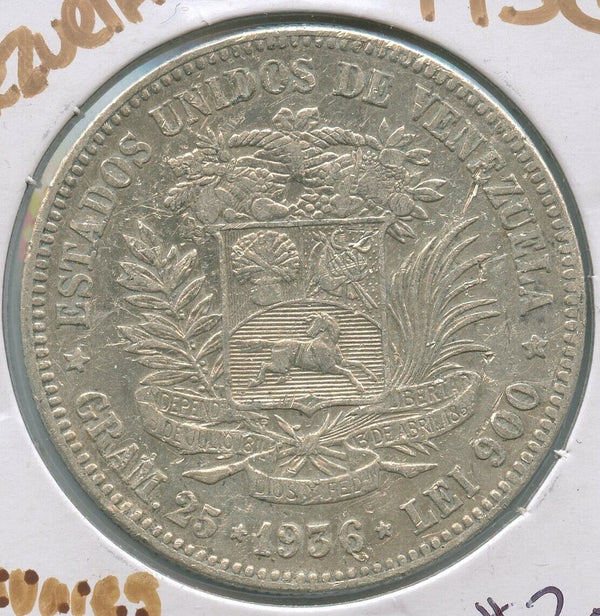 1936 Venezuela Silver 5 Bolivares Coin .9000 - SR524