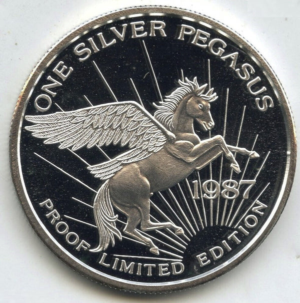 1987 Pegasus 999 Silver 1 oz Proof Medal Round Montana Tunnels USMX Mine - J580