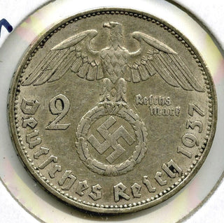 1937-A Germany 2 Marks Deutsches 3rd Reich Coin - Paul Von Hindenberg - J257