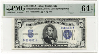 1934-A $5 Silver Certificate Mule PMG 64 EPQ Choice Uncirculated 1651m Note K32