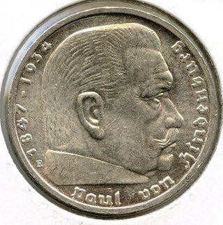 1938-E Germany 2 Marks Deutsches 3rd Reich Coin - Paul Von Hindenburg - J260