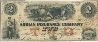 1850s $2 Adrian Insurance Company Note Currency Obsolete michigan  - SR934