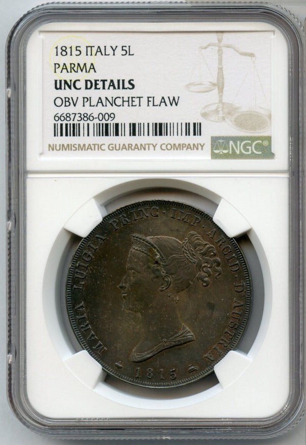 1815 Italy Parma 5 Lire Silver Coin NGC UNC Details Certified - JP612