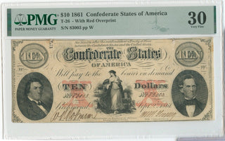 1861 $10 Confederate States Of America Currency PMG VF30 Note T-26 - SS515