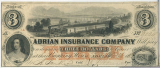 1850s $3 Adrian Insurance Company Note Currency Obsolete michigan  - SR935