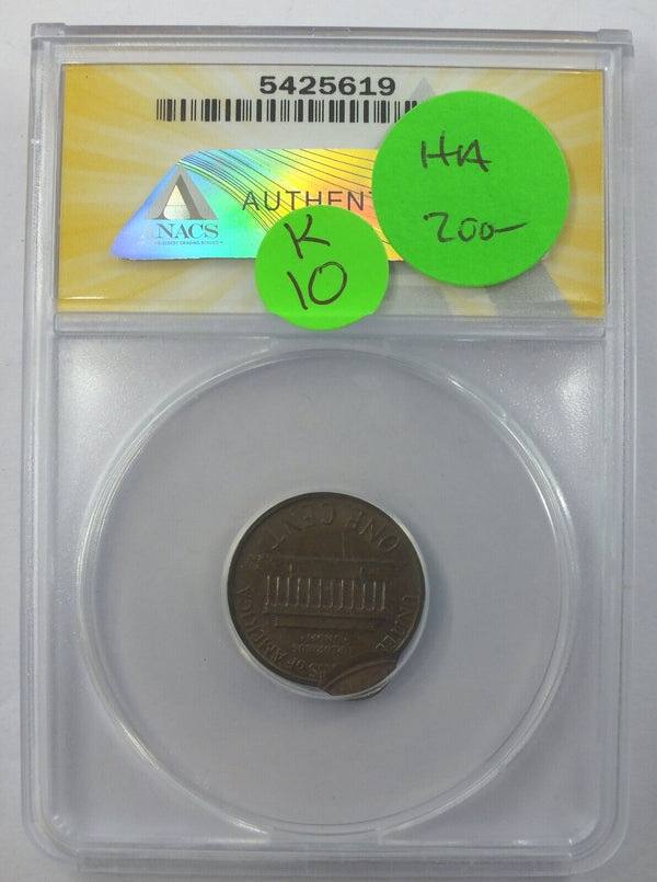 1975-D Lincoln Cent Penny ANACS AU55 Flipover DBL Struck 95% Off-Center - K10