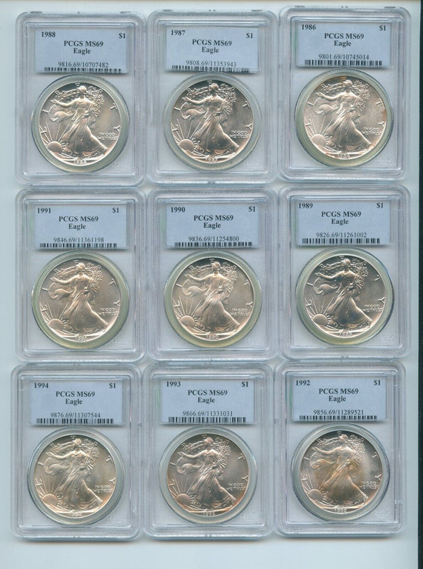 1986 - 2005 American Silver Eagle 1 oz 20-Coin Set PCGS MS69 Toning - SR478