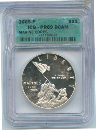 2005-P Marine Corps Silver Dollar ICG PR69 DCAM Commemorative Coin - SS290