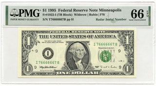1995 $1 Federal Reserve Note PMG 66 EPQ Radar Serial Minneapolis Minnesota C258