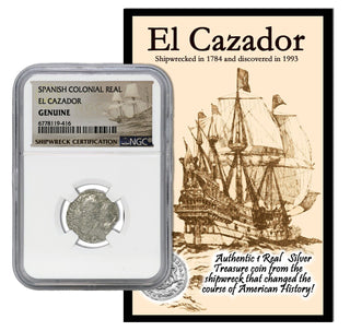 1772 - 1783 Mexico El Cazador 1 Real Silver Shipwreck Coin NGC 1R Genuine & Card