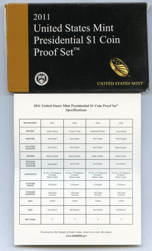 2011 United States Presidential Dollar Proof Set 4 Coins US Mint San Francisco