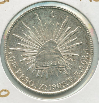 1903 Zs Mexico Silver Un Peso Cap & Rays Coin Zacatecas - SS389