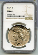 1924-P Peace Silver Dollar NGC MS 64 Philadelphia Mint - KR912