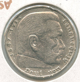 1936-A Germany 3rd Reich Coin 5 Mark Silver Coin Paul Hindenburg -SS52