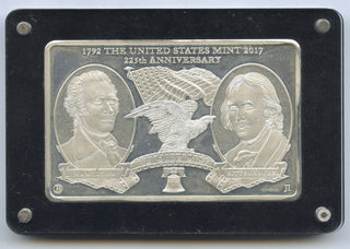 1792 - 2017 United States Mint 225 Years 999 Silver 3.29 oz Ingot Medal Bar J647