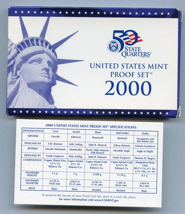 2000 United States Proof Set 9 Coins U.S. Mint San Francisco State Quarters