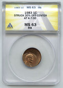 1983 RB Lincoln Cent Penny ANACS MS 63 Off-Center Error Struck 30% - J920