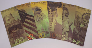 Concept Currency Art $1 to $100 Set of (6) US Notes Novelty 24K Gold Foil GFS09