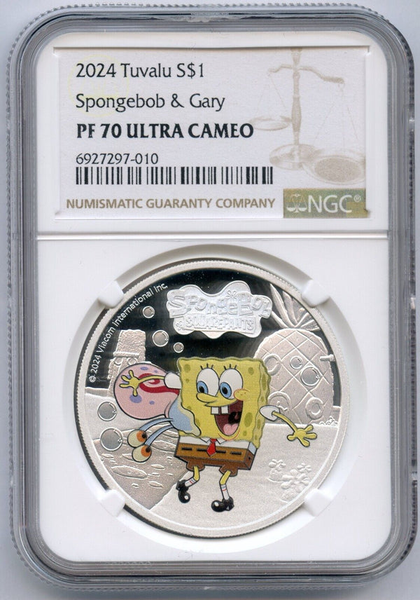 2024 Spongebob & Gary 1 Oz Silver NGC PF70 $1 Tuvalu Proof 999 Coin OGP - JP873