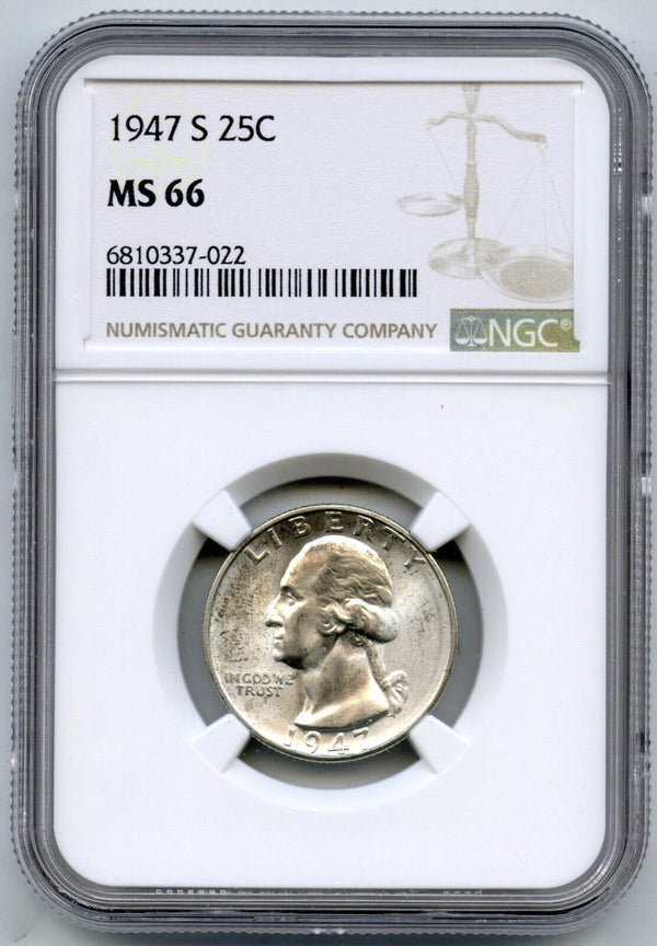 1947-S Washington Silver Quarter NGC MS 66 Certified - San Francisco Mint - G68