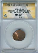 1982-D Bronze LD Lincoln Memorial Cent Error 85% Off Center ANACS MS63RB -SS531