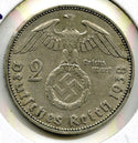 1938-J Germany 2 Marks Deutsches 3rd Reich Coin - Paul Von Hindenburg - J261