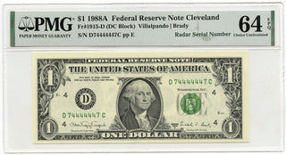 1988-A $1 Federal Reserve Note PMG 64 EPQ Radar Serial Cleveland Ohio - C254