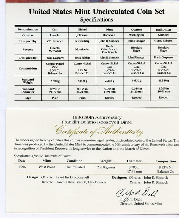 1996 US Uncirculated Mint Set 11 Coin United States Philadelphia Denver W Dime