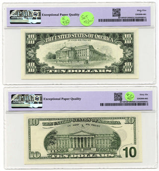 1995 + 1999 $10 Federal Reserve Notes BEP Set PMG 65 + 66 EPQ Gem Unc Pair K410