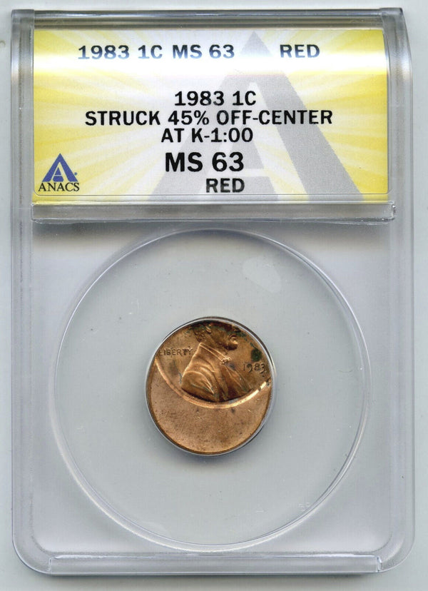 1983 Red Lincoln Cent Penny ANACS MS 63 Off-Center Error Struck 30% - J921