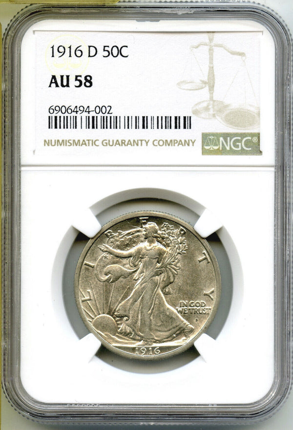 1916-D Walking Liberty Silver Half Dollar NGC AU58 Certified - Denver Mint H997