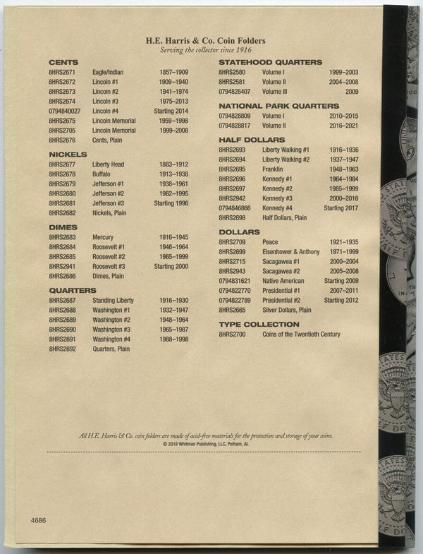 Kennedy Half Dollar - Starting 2017 Set -Coin Folder - HE Harris Album 4686 new