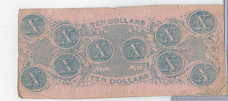 1862 $10 Ten Dollars Confederate States Of America Note Currency T-52 - SR955