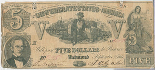 1861 $5 Five Dollars Confederate States Of America Note Currency T-37 - SR963