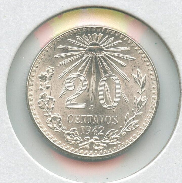 1942 Mexico Unc Silver 25 Centavos Cap & Ray Coin  -SS186