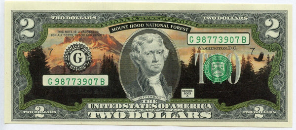 $2 Two Dollars Mount Hood National Park Enhanced Colored Genuine Bill Note Money