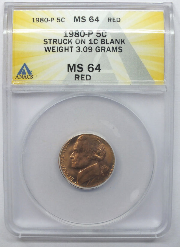 1980-P Jefferson Nickel ANACS MS64 Red Struck on 1c Blank Weight 3.09 Grams K12