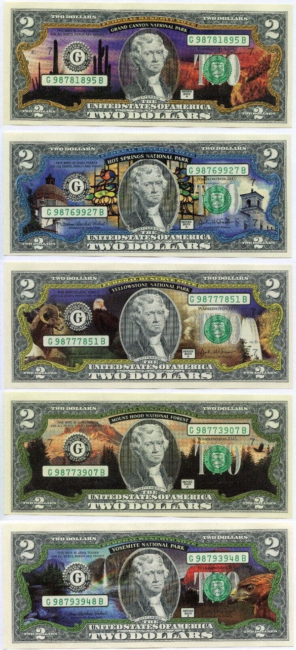 $2 Two Dollars US National Parks Enhanced Color Bill Note Money Genuine Set of 5