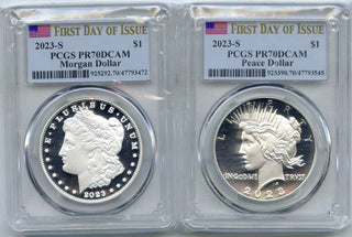 2023-S Peace + Morgan Silver Dollar 2-Coin Set PCGS PR70DCAM First Day - J39