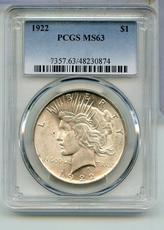 1922-P Peace Silver Dollar PCGS MS63 Philadelphia Mint - KR917