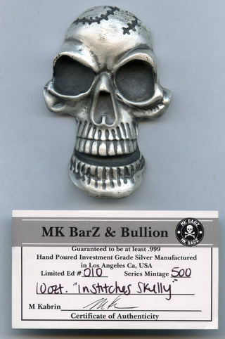 Skull In Stiches 999 Silver 10 oz Poured Art Bar MK BarZ - Limited Edition JN513