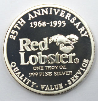 Red Lobster 999 Silver 1 oz Art Medal Round 25th Anniversary Darden - J947