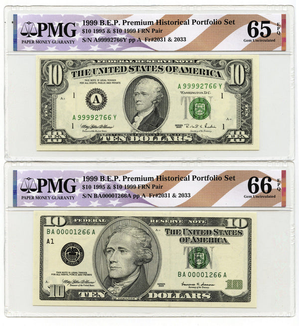 1995 + 1999 $10 Federal Reserve Notes BEP Set PMG 65 + 66 EPQ Gem Unc Pair K410