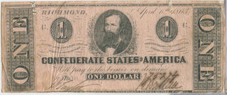 1863 $1 One Dollar Confederate States Of America Note Currency T-62 - SR948