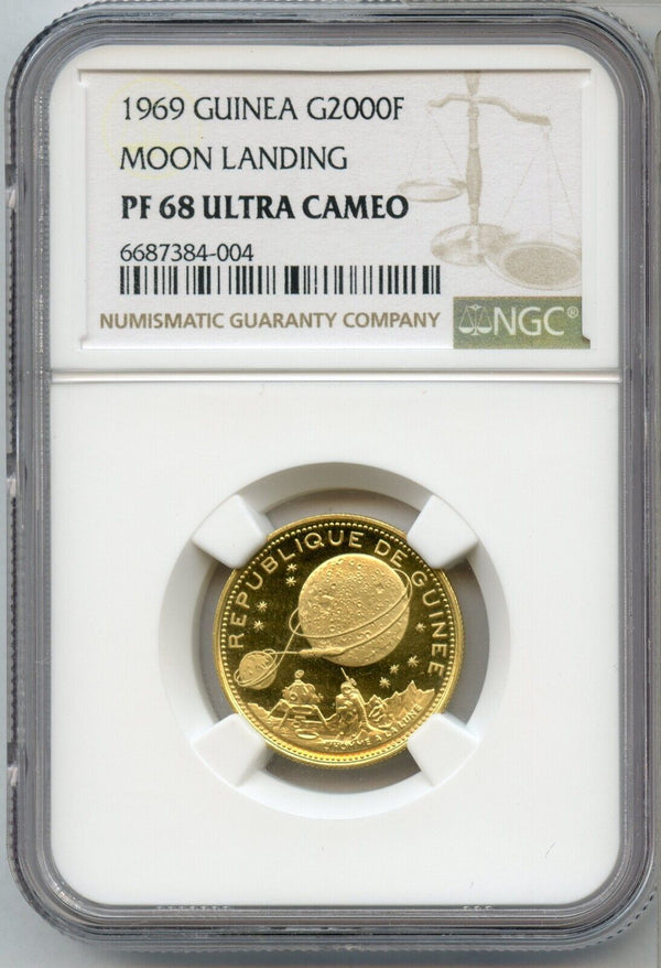 1969 Guinea Moon Landing Gold Proof 2000 Francs Coin NGC PF68 Ultra Cameo JP638