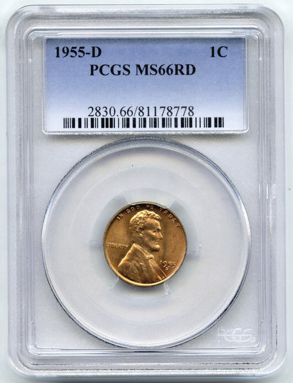 1955-D Lincoln Wheat Cent Penny PCGS MS 66 RD Certified - Denver Mint - G138