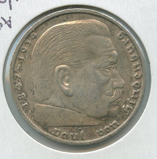 1938-A Germany 3rd Reich 5 Mark coin Deutsches Reich Paul Von Hindenburg - SR104