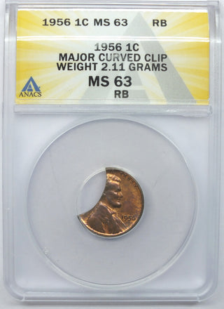 1956 Lincoln Wheat Cent Penny ANACS MS63 RB Major Curved Clip - K06